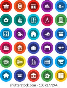 White Solid Icon Set- university vector, school building, drawing compass, bank, stadium, dry cargo, home, cottage, chalet, barn, fence, plan, apartments, office, love, store, mall, window