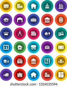 White Solid Icon Set- university vector, school building, drawing compass, bank, stadium, dry cargo, hospital, home, cottage, chalet, barn, fence, plan, apartments, office, love, store, mall, window