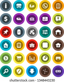 White Solid Icon Set- university vector, clipboard, certificate, magnifier, constellation, pie graph, cart, percent growth, arrow down, dollar medal, tie, sign, enegry drink, satellite, traking