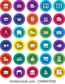 White Solid Icon Set- university vector, school building, drawing compass, bank, stadium, dry cargo, hospital, home, cottage, chalet, barn, fence, plan, apartments, office, store, mall, window