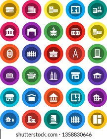 White Solid Icon Set- university vector, school building, drawing compass, bank, stadium, dry cargo, hospital, cottage, chalet, barn, fence, plan, apartments, office, store, mall, window