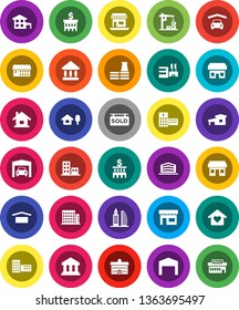 White Solid Icon Set- university vector, school building, bank, office, dry cargo, hospital, house, cottage, chalet, garage, barn, sold signboard, apartments, love home, construction crane, factory