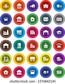 White Solid Icon Set- university vector, school building, bank, office, dry cargo, warehouse, hospital, house, cottage, chalet, garage, barn, sold signboard, apartments, love home, factory, store