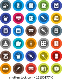 White Solid Icon Set- vacuum cleaner vector, bucket, kettle, scales, oven, blender, air conditioner, fridge, washer, coffee maker, hood