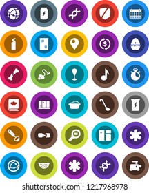 White Solid Icon Set- vacuum cleaner vector, window cleaning, foam basin, agent, shining, colander, cook timer, ladle, cookbook, music, exchange, punching bag, enegry drink, calendar, protected, dna