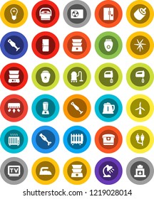 White Solid Icon Set- vacuum cleaner vector, iron, kettle, mixer, double boiler, blender, table lamp, tv, rca, windmill, ari condition, fridge, multi cooker, epilator, air conditioner, heater, bulb