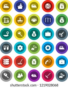 White Solid Icon Set- vacuum cleaner vector, rake, iron, steaming, student, case, money bag, horizontal bar, big scales, group, vial, scissors, data, gear, construction crane, 24 hour