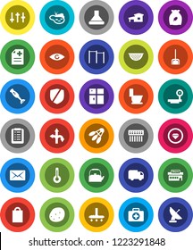 White Solid Icon Set- vacuum cleaner vector, scoop, toilet, shining window, kettle, colander, blender, cereal, potato, horizontal bar, shuttlecock, first aid kit, route, protected, big scales, eye