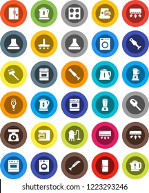 White Solid Icon Set- vacuum cleaner vector, kettle, scales, oven, blender, air conditioner, fridge, washer, coffee maker, hood