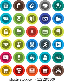 White Solid Icon Set- vacuum cleaner vector, liquid soap, colander, university, drawing compass, schedule, award cup, magnet, safe, boxing glove, roller Skates, medal, run, attention, money, support