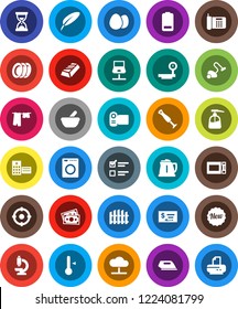 White Solid Icon Set- vacuum cleaner vector, drying clothes, liquid soap, plates, kettle, microwave oven, thermometer, egg, pen, exam, gold ingot, check, sand clock, money, big scales, battery, new