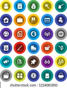 White Solid Icon Set- vacuum cleaner vector, shower, water closet, turk coffee, glasses, backpack, paper pin, world, document, dollar coin, money bag, case, flag, roller Skates, gymnast rings, earth