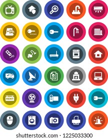 White Solid Icon Set- vacuum cleaner vector, water tap, oven, key, house, estate document, rent signboard, apartments, search, bath, relocation truck, home protect, password, power plug, washer, fan