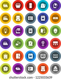 White Solid Icon Set- vacuum cleaner vector, iron, kettle, oven, double boiler, table lamp, tv, air conditioner, ari condition, fridge, multi cooker, epilator, fan, bulb, fireplace