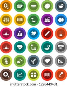 White Solid Icon Set- vacuum cleaner vector, scoop, water closet, colander, spices, egg, potato, corner ruler, graph, heart pulse, oxygen, big scales, barcode, settings, touchscreen, scissors, hub