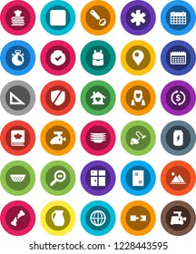 White Solid Icon Set- vacuum cleaner vector, window cleaning, plates, shining, woman, colander, cook timer, ladle, cookbook, jug, corner ruler, backpack, exchange, enegry drink, calendar, protected