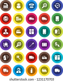 White Solid Icon Set- vacuum cleaner vector, fetlock, car, window cleaning, iron, steaming, agent, shining, dollar cursor, phone 24, support, delivery, cargo search, mobile, doctor, amkbulance, hour