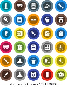 White Solid Icon Set- vacuum cleaner vector, bucket, scales, oven, blender, air conditioner, fridge, washer, coffee maker, hood, kettle