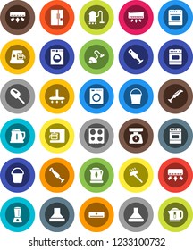 White Solid Icon Set- vacuum cleaner vector, bucket, kettle, scales, oven, blender, air conditioner, fridge, washer, coffee maker, hood