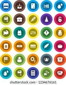 White Solid Icon Set- vacuum cleaner vector, window cleaning, pan, towel, mixer, cake, pen, backpack, calculator, graph, case, dollar flag, personal information, muscule hand, breads, oxygen, unlock