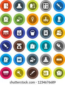 White Solid Icon Set- vacuum cleaner vector, bucket, kettle, scales, oven, blender, air conditioner, fridge, washer, coffee maker, hood