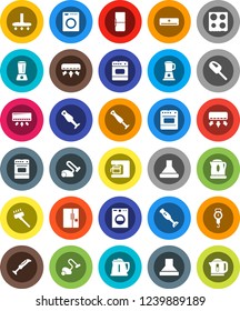 White Solid Icon Set- vacuum cleaner vector, kettle, scales, oven, blender, air conditioner, fridge, washer, coffee maker, hood