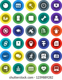 White Solid Icon Set- vacuum cleaner vector, shower, pan, apron, mixer, graduate hat, schedule, document, laptop graph, bank building, clock, heart pulse, fitball, no fastfood, monitor, bone, run