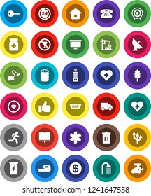 White Solid Icon Set- vacuum cleaner vector, trash bin, shower, cereal, book, presentation board, measuring, target, enegry drink, no alcohol sign, heart cross, run, delivery, oil barrel, finger up