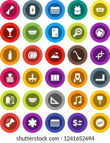 White Solid Icon Set- vacuum cleaner vector, window cleaning, agent, plates, shining, woman, colander, ladle, cookbook, corner ruler, backpack, music, exchange, enegry drink, calendar, glass, dna