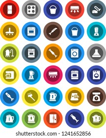 White Solid Icon Set- vacuum cleaner vector, bucket, kettle, scales, oven, blender, fridge, washer, coffee maker, hood, air conditioner