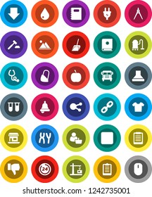 White Solid Icon Set- vacuum cleaner vector, scoop, water drop, copybook, drawing compass, bell, clipboard, school bus, auction, arrow down, diet, office, social media, finger, stop button, vial