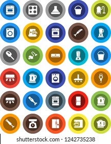 White Solid Icon Set- vacuum cleaner vector, bucket, kettle, scales, oven, blender, air conditioner, fridge, washer, coffee maker, hood