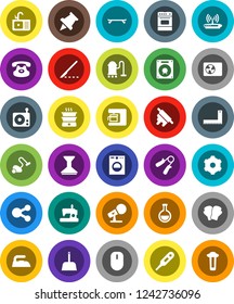 White Solid Icon Set- vacuum cleaner vector, scoop, car fetlock, iron, sink, rolling pin, oven, corner ruler, paper, hand trainer, boxing glove, skateboard, microphone, radio, classic phone, flask