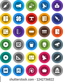 White Solid Icon Set- vacuum cleaner vector, bucket, washer, pan, knife, blender, corner ruler, telescope, consolidated cargo, satellite antenna, disk, loudspeaker, tv, hdmi, jack, patch, table