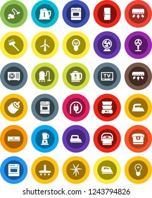 White Solid Icon Set- vacuum cleaner vector, iron, kettle, oven, double boiler, tv, rca, windmill, air conditioner, ari condition, fridge, power plug, multi cooker, blender, fan, bulb