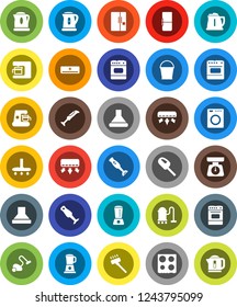 White Solid Icon Set- vacuum cleaner vector, bucket, kettle, scales, oven, blender, air conditioner, fridge, washer, coffee maker, hood