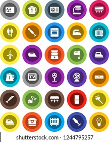 White Solid Icon Set- vacuum cleaner vector, iron, kettle, mixer, double boiler, blender, table lamp, tv, rca, windmill, air conditioner, ari condition, fridge, multi cooker, oven, fan, heater, bulb