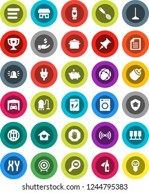 White Solid Icon Set- vacuum cleaner vector, mop, pan, skimmer, award cup, document, piggy bank, investment, target, heart monitor, cargo search, thumbtack, rca, chromosomes, potion, connection