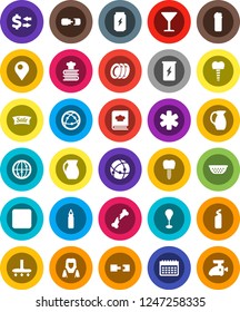 White Solid Icon Set- vacuum cleaner vector, cleaning agent, plates, woman, colander, cookbook, jug, exchange, punching bag, enegry drink, calendar, glass, internet, pause button, ambulance star