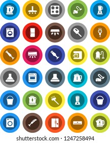 White Solid Icon Set- vacuum cleaner vector, bucket, kettle, scales, oven, blender, air conditioner, fridge, washer, coffee maker, hood