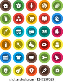 White Solid Icon Set- vacuum cleaner vector, cleaning agent, cook timer, cereal, book, alarm clock, cart, man, dollar shield, calendar, cereals, truck trailer, satellite antenna, video camera, hdmi