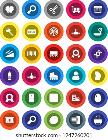 White Solid Icon Set- vacuum cleaner vector, egg, potato, medal, buttocks, boxing glove, roller Skates, water bottle, stairways run, Railway carriage, support, cargo, big scales, barcode, antenna