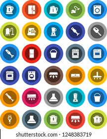 White Solid Icon Set- vacuum cleaner vector, bucket, kettle, scales, oven, blender, air conditioner, fridge, washer, coffee maker, hood