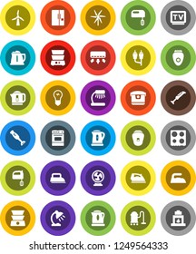 White Solid Icon Set- vacuum cleaner vector, iron, kettle, mixer, oven, double boiler, blender, table lamp, tv, rca, windmill, fridge, multi cooker, epilator, air conditioner, fan, bulb, fireplace