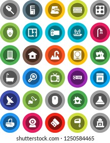 White Solid Icon Set- vacuum cleaner vector, welcome mat, bath, water tap, oven, plan, search estate, love home, building, dishwasher, mixer, coffee maker, hood, epilator, kitchen scales, computer