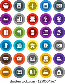 White Solid Icon Set- vacuum cleaner vector, iron, kettle, mixer, oven, double boiler, table lamp, tv, windmill, air conditioner, ari condition, fridge, multi cooker, blender, fan, heater, fireplace