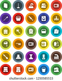 White Solid Icon Set- vacuum cleaner vector, fetlock, mop, bucket, sponge, car, washing powder, water tap, kettle, spatula, microwave oven, double boiler, washer, mixer, coffee maker, hood, blender