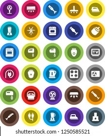 White Solid Icon Set- vacuum cleaner vector, iron, kettle, mixer, oven, blender, tv, rca, windmill, air conditioner, ari condition, power plug, multi cooker, epilator, fan, fireplace