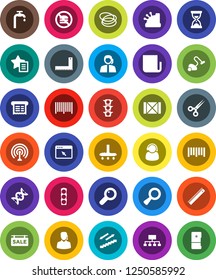 White Solid Icon Set- vacuum cleaner vector, corner ruler, sand clock, hierarchy, stairways run, no fastfood, hoop, traffic light, support, wood box, barcode, antenna, newspaper, dna, magnifier