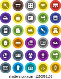 White Solid Icon Set- vacuum cleaner vector, iron, mixer, oven, blender, table lamp, tv, rca, windmill, air conditioner, ari condition, epilator, fan, kettle, double boiler, heater, bulb